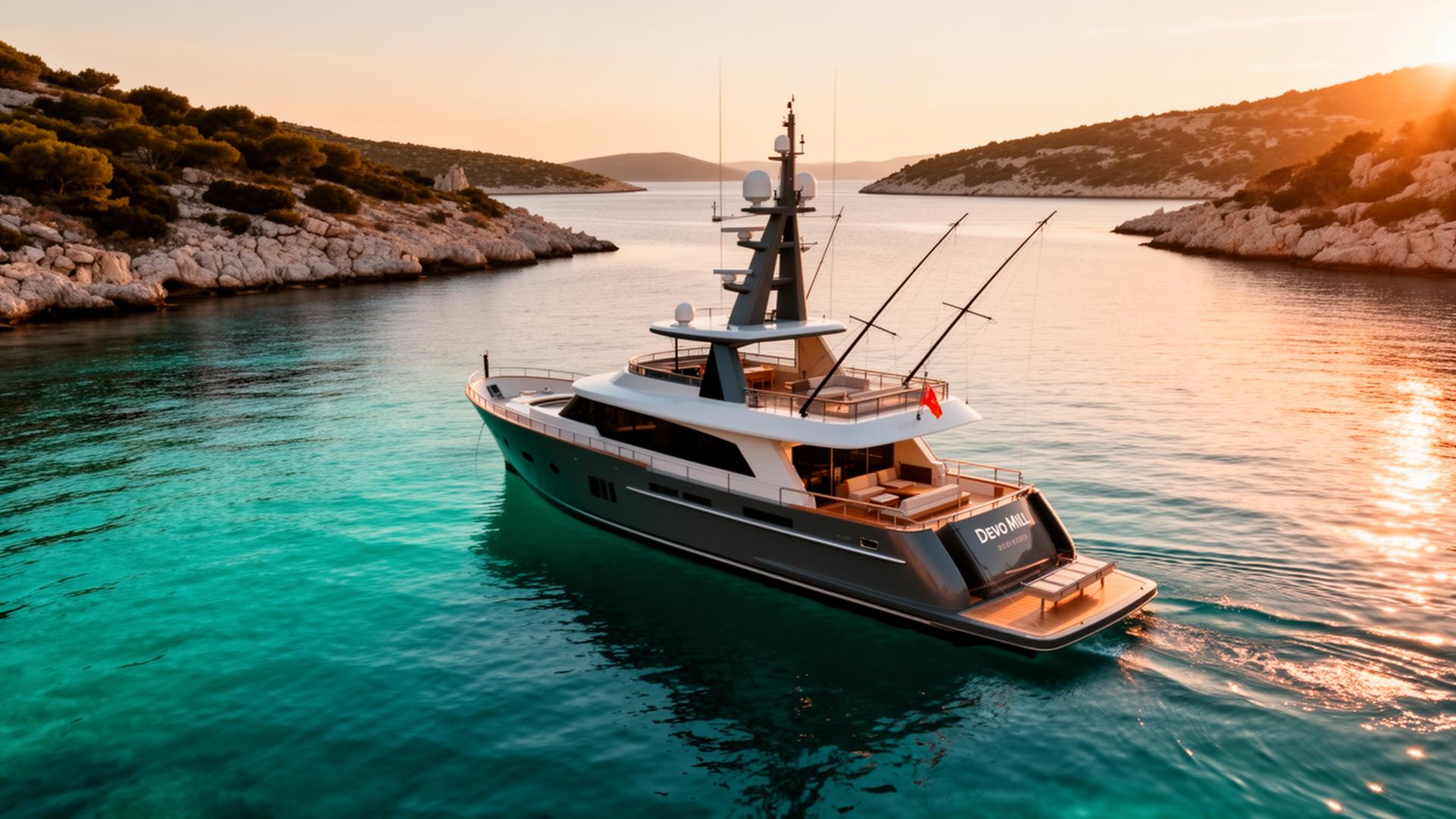 Devo Mill 17m liveaboard yacht in a Croatian Adriatic cove at sunset